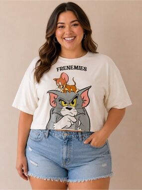 Tom & Jerry Frenemies White Crop Top